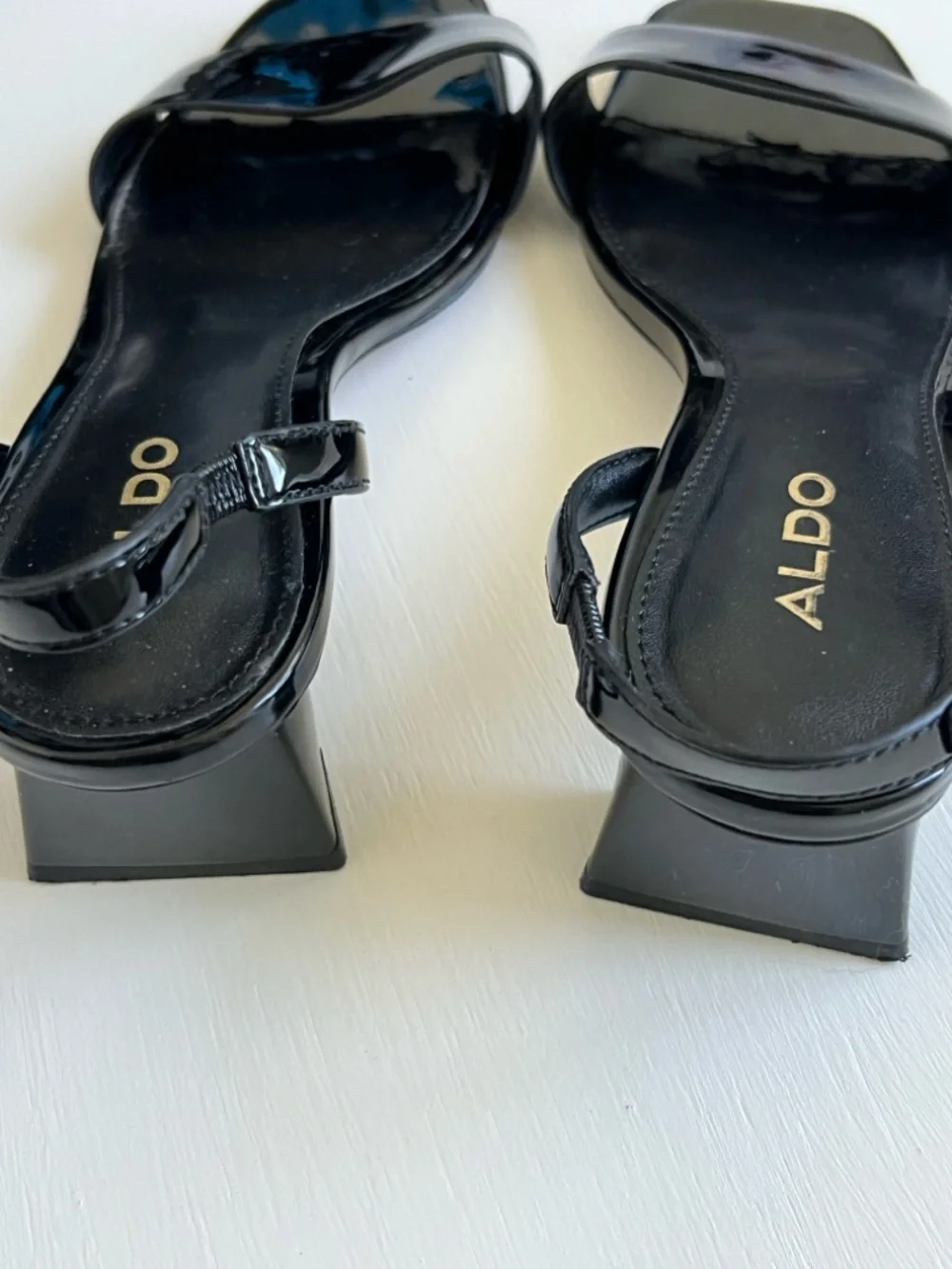 Aldo Black Patent Square-Toe Ankle Strap Heels